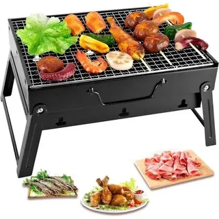 Unyqoos® Klappbarer, tragbarer Holzkohle-Tischgrill, Edelstahl, kompakt 43 x 29 x 23 cm – Indoor & Outdoor, mit Tragegriff, in 4 Schritten montierbar - Schwarz