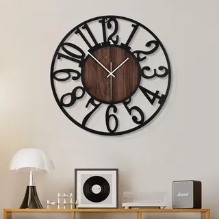 HAITANG 40cm Große Schwarz Wanduhr, Wohnzimmeruhr, Dekoration Vintage-Stil geräuschlose Nicht tickende Metall Holz wanduhr für Bauernhaus, Esszimmer, Schlafzimmer, Küche, Zuhause Wanddekoration