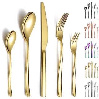 Berglander Gold Besteck-Set 30-teilig, Stabiler Edelstahl Titanium Besteck Goldenes Besteck-Set Rostfrei, Gabeln und Löffel Besteck Spülmaschinenfest