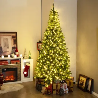 COSTWAY 240 cm Künstlicher Weihnachtsbaum mit Beleuchtung für 270° Ecke, Tannenbaum mit 360 warmweißen LED-Lichtern, Christbaum mit Scharnierstruktur - Grün