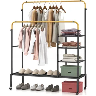 COSTWAY Rollender Wäscheständer, Kleiderständer mit doppelten Stangen, höhenverstellbaren Aufhängestangen, verriegelbaren Rollen Gold - Gold, Schwarz