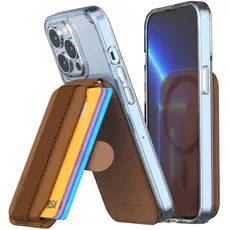 Sinjimoru Magnetischer Kartenhalter mit Auswurffunktion, Handybrieftasche für MagSafe mit Ständer, kompatibel mit iPhone 15 14 13 12 Serie. M-Pull Tab Stand Braun
