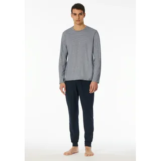Schlafanzug SCHIESSER "Casual Essentials", Herren, Gr. 56, blau (804, nachtblau), Single Jersey, Obermaterial: 100% Baumwolle, unifarben, bequem lang, Rundhals, Homewear-Sets Schlafanzug, mit feinen, gestrickten Ringeln
