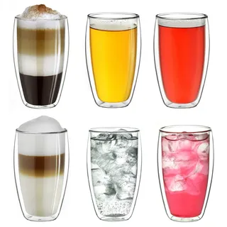 Creano doppelwandiges Thermoglas 400ml „DG-SH“, großes Doppelwandglas aus Borosilikatglas, doppelwandige Latte Macchiato Gläser, Kaffee, Tee, 6er Set