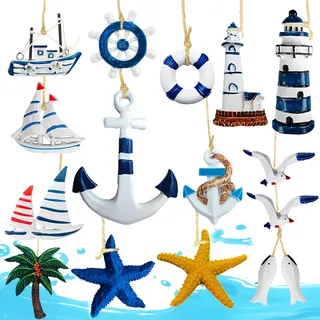 Dtoterul 15 Stück Maritime Anhänger Nautische Deko, Maritime Dekoanhänger Set, Holz Anker Dekoration Steuerrad, Seestern Boot Anker Leuchtturm Fisch Kokospalme, für Mini-Fischernetz, Wanddekorationen