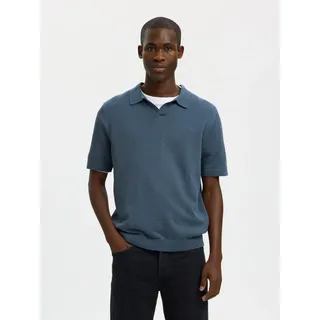 Poloshirt SELECTED "SLHMATTIS SS KNIT SUN OPEN POLO NOOS", Herren, Gr. L, blau mirage, Strick, Obermaterial: 65% Baumwolle, 35% Leinen, unifarben, regular fit normal, ohne Ausschnitt, Bündchen, Shirts Poloshirt