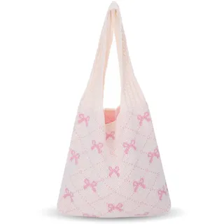 Damen Stricken Einkaufstasche, Strandtasche Umhängetasche, Beige Häkeltasche mit Rosa Schleifen, Leichte Stricken Tote Tasche, Strandtasche Damen, Gehäkelte Mesh Strand Tote für Reisen und Alltag