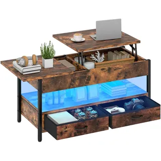 YITAHOME Couchtisch Höhenverstellbar, Wohnzimmertisch mit Verstecktem Ablagefach für für Wohnzimmer, Büro, couchtisch mit stauraum und 2 Schublade und LED-Lichtleiste 106 x50x51,5cm