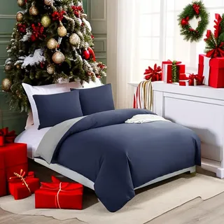 AYSW Bettwäsche gebürstet Microfaser 1 Bettbezug 200x200cm + 2 Kopfkissenbezug 80x80cm mit Reißverschluss Marineblau/Hellgrau