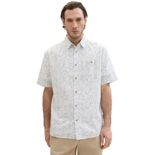 TOM TAILOR Herren Regular Fit Leinen Hemd mit Brusttasche & Muster, 34729 - White Outline Palm Leaf Design, M