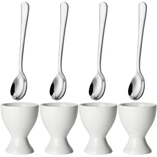 Eierbecher-Set für weiche, hart gekochte Eier, Keramik-Eierbecher, Edelstahl-Eierlöffel (4 Tassen, 4 Löffel)