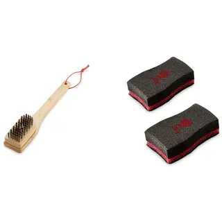 Weber 6275 Grillbürste mit Bambusholzgriff, 30 cm, Schwarz/Silber & 17688 Reinigungsschwamm, 2 Stück, 25.0 x 6.0 x 9.0 cm