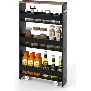 COSTWAY 4 Ebenen Nischenregal auf Rollen, Küchenwagen schmal, Badregal mit seitlichem Griff, aus Holz, 48x12,5x81cm - Schwarz, Braun