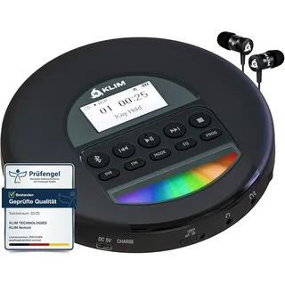 Nomad CD Player Bluetooth Tragbarer Discman mit Radio FM und Kopfhörer | Anti-Schock-Schutz und AUX-Kabel für kristallklaren Klang im Auto, Schwarz
