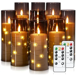 Homemory Flackernden Flammenlose Kerzen mit Lichterkette, Batteriebetriebene Kerzen mit Fernbedienung und Timer, Eingebettete Lichterkette LED-Kerzen, Acryl, Heimdekoration, Grau, 9er-Set