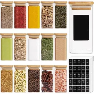 Bambuspottensatz, 16 Stück, 10 oz, luftdicht, quadratisch, schwarz, leerer Kräuterpott für Gewürze und Zucker. - Grün