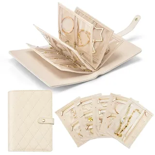 Yiomxhi Schmuckkästchen Reise, Schmuckaufbewahrung Schmucktasche mit 5 Samtbeuteln, Schmuck Organizer Reiseetui für Ohrringe Halsketten Armbänder, Schmuckkasten für Damen Mädchen, Creme Weiß