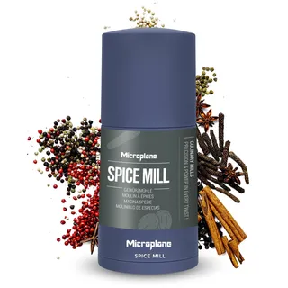 Microplane Gewürzmühle 2in1 – Denim Blau | Manuelle Mühle mit rasiermesserscharfer Edelstahlklinge | Reibt Muskatnuss, Zimt, Tonkabohne, LangenPfeffer, Nüsse & mehr