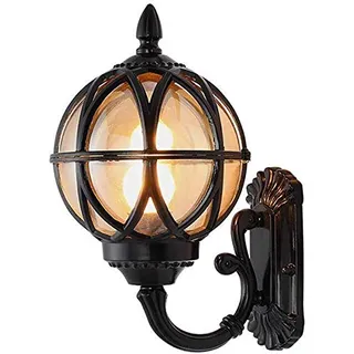 Retro Außenlampe Schwarz Rund Wandlampe Wasserdicht IP54 Aluminiumguss und Glasschirm Aussenleuchte E27 Gartenlampe Hauseingang Terrassen Balkon Flur Außen-Wandleuchte (Schwarz 17.5 * 18 * 31cm)