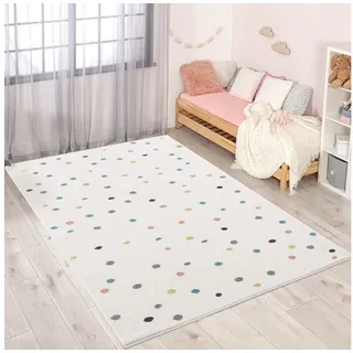 Carpet City Teppich Kinderzimmer Punkte - 160x230 cm - Creme mit bunten Pastell-Pünktchen, moderner Kinderteppich, weich & gemütlich