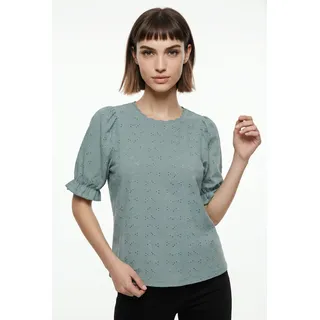 Kurzarmshirt ONLY "ONLNEW SMILLA LIFE S/S PUFF TOP JRS", Damen, Gr. M, grün (abyss), Jersey, Obermaterial: 95% Polyester, 5% Elasthan, unifarben, regular fit normal, Rundhals, elastischer Bund, Shirts Kurzarmshirt