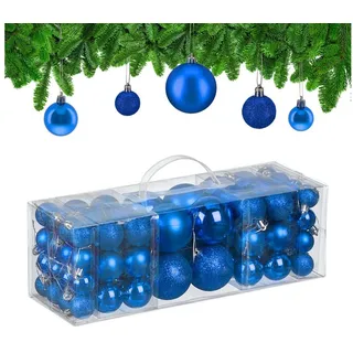 Relaxdays Weihnachtskugeln 76er Set, Kunststoff, glitzernde, Matte, glänzende Baumkugeln, Christbaumschmuck, blau