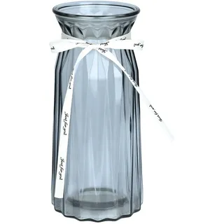 TSKDKIT Blumenvase Klar Glasvase für Tischdeko 24x10cm Modern Schmale Vase mit Schleifenband Boho Transparente Dekorative Kristall Vasen für Pampasgras, Tulpen, Rosen, Home Wohnzimmer Büro Dekor(Grau)