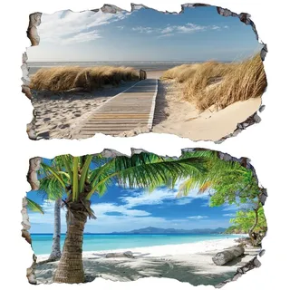 Chicbanners 2Pcs Wandtattoo Meer Strand Beach Natur Landschaft 3D Effekt XXL Wandaufkleber Fenster Selbstklebend Wandsticker für Junge Mädchen Kinderzimmer Groß 1000mmx600mm