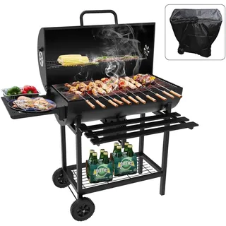Teeno grill Holzkohlengrill,mit XXL-Kochraster mit zwei Regalen, verstellbarer Lüftung, Grillkugel, Verbrennungsschutzhandschuhe, tragbarer Holzkohlengrill (mit Tuchdeckel)