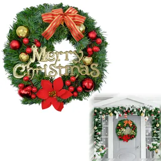 Weihnachtskranz für Haustür,30cm Weihnachtsdeko Kranz Tür,mit Kugel, Schleife, mit Klebehaken,Künstlicher Weihnachtskranz,FüR Wand Baum Dekoration Weihnachtsfeier Einkaufszentren Schaufenster