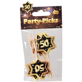 UDO Schmidt GmbH Party Picks Mini Stecker 50" Geburtstag Schwarz Gold, 12 Stück, Partydeko Geburtstags-Deko Buffet Dekoration