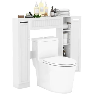 Fantask Holz Toilettenschrank, Badezimmerschrank freistehend, Toilettenständer mit Rollenhalter, Badezimmerregal in weiß