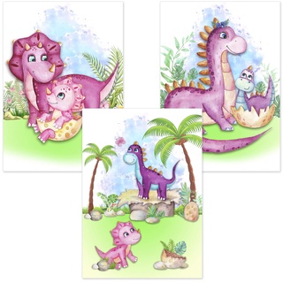 ALLEOVS® Dinosaurier Poster „In einem Land vor unserer Zeit“ | 3er Set – Kinderzimmer Babyzimmer Kinderposter Deko-Poster zur Dekoration mit Dino Motiven, Jungen & Mädchen, Kunstdruck A4 (AL1)