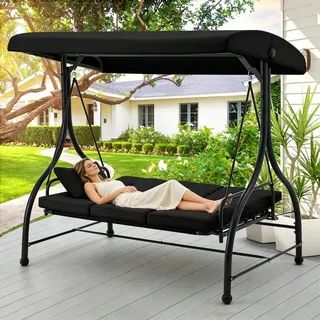 YODOLLA 3-Sitzer Hollywoodschaukel mit Liegefunktion, Verandaschaukel mit Verstellbarer Rückenlehne und Baldachin, Gartenschaukel für die Terrasse mit abnehmbaren Kissen Schaukelbett, Schwarz