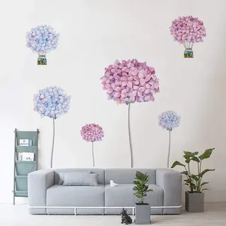 Runtoo Wandtattoo Blumen Hortensie Wandsticker Lila Pusteblume Wandaufkleber Kinderzimmer Wohnzimmer Schlafzimmer