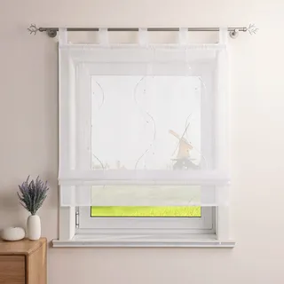 CORLIF Raffrollo Landhaus Raffgardine Küche Modern Schlaufenrollo Leinenoptik mit Wellenmuster Transparente Rollos Kurz Fenster Schal mit Schlaufen B/H 120/140 cm Weiß