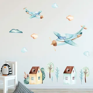 GRAZDesign Wandtattoo Flugzeug und Häuser Kinderzimmer, Wandaufkleber Wolken für Jungen, Wandsticker Deko für Babyzimmer Baby Jungenzimmer Jungs, Aquarell / 57x80cm