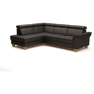 CAVADORE Leder-Schlafcouch Ammerland mit Ottomane / Landhaus-Sofa mit Federkern, Bett, Bettkasten + Kopfteilverstellung / 245 x 84 x 194 / Leder Dunkelbraun