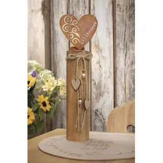 Windlichtsäule "Herz" aus Holz & Metall mit Echt Rost, 44 cm hoch, Holzsäule, Dekosäule mit Kerzenglas, Bodenwindlicht, Kerzensäule - Braun