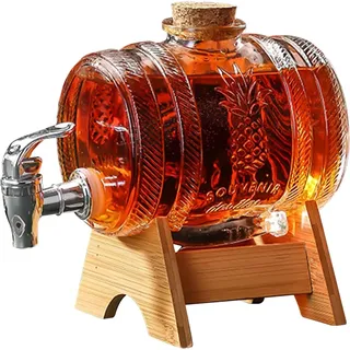 Whisky Karaffe,3000ml Fass mit Hahn und Holzuntersatz,Fassförmiger Getränkespender aus Glas mit Verschlusskorken,Transparenter Alkoholspender Set Geschenke für Freund,Ehemann,Vater