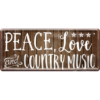 WOGEKA ART Retro Blechschild - Peace, Love and Country Western Music - witziger Spruch als Geschenk-Idee zum Geburtstag Weihnachten Dekoration 28x12 cm Vintage-Design Metall 198