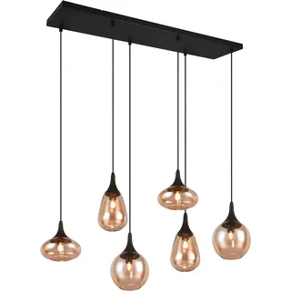 TRIO LEUCHTEN Pendelleuchte "Lumina, E14 Hängelampe 6-flammig Glasschirme in 3 Formen amberfarbig", schwarz (schwarz matt), 6, H: 150cm, 1 Stk., Leuchten, exkl 6x E14 max 40W, Hängeleuchte höhenverstellbar bis max 150 cm, Pendelleuchte