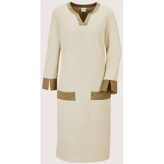 Sommerkleid MADELEINE "Etuikleid Elegantes Kleid mit Lederakzenten", Damen, Gr. 46, N-Gr, weiß (cappuccino, perlweiß), Obermaterial: 44% Baumwolle CO. 40% Polyester PES. 11% Leinen LI. 5% Elasthan EL., Modern, V-Ausschnitt, Kleider Sommerkleid, Aufgesetzte Taschen