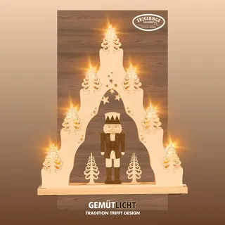 Schwibbogen WEIGLA "Nussknacker, Lichterspitze aus Holz, NATUR-BRAUN, Made in Germany", braun (natur, braun), B:38cm H:43cm T:4,5cm, Holzwerkstoff, Schwibbögen, Schwibbogen, Erzgebirge garantiert, Weihnachtsdeko Innen, Weihnachtsbeleuchtung