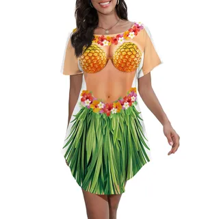 Damen Bikini Body Bedrucktes T-Shirt Kurzarm Strand Cover Up Luau Party Hawaiihemd, Obstparty, Groß