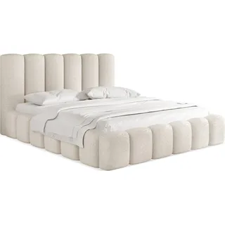 Polsterbett 140x200 mit Bettkasten und Lattenrost – Weiß Bett mit hohem Kopfteil, Boucle oder Samt Stoff - Modernes Doppelbett mit Stauraum – Bettgestell, ohne Matratze – Serenity - Weiß - Weiß