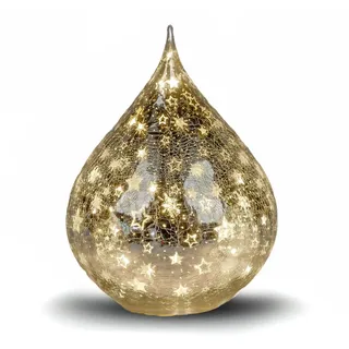 Formano LED Deko Tropfen Sterne Silber 16cm Glasleuchte Crackle-Optik mit Timer (6h an/18h aus), Batteriebetrieben. - Stimmungslicht für Winter & Weihnachten - Dekoleuchte für gemütliches Zuhause