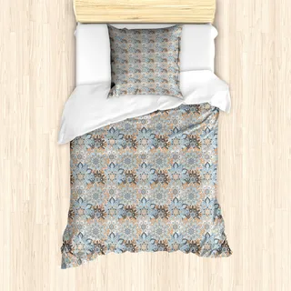 ABAKUHAUS Mandala Mantele, Vintage Style blühen, Milbensicher Allergiker geeignet mit Kissenbezügen, 135 cm x 200 cm - 80 x 80 cm, Pale Orange Blau Schwarz - Orange