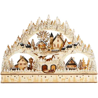 Lichterbogen , Braun, Weiß, Beige , Holz , Kiefer, Linde , Winterlandschaft , 60x42x10 cm , zum Stellen , Lampen & Leuchten, Innenbeleuchtung, Dekoleuchten, Dekoleuchten