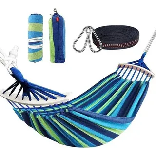 Reise-Doppelhammock 280 x 150 cm für Camping Wandern Garten - leichte und atmungsaktive - Tragfähigkeit bis 300 kg - blaue Streifen